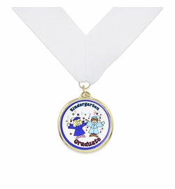 2-1/4 Inch Gold Medal Frame with 2 Inch "Kindergarten Graduate" Mylar Insert On White Ribbon Boxed