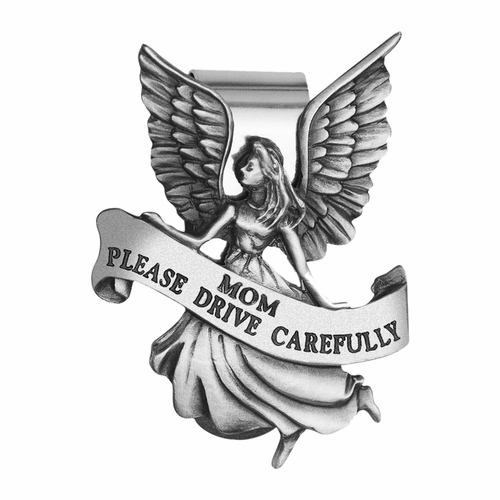 2-1/4 x 1-5/8 Inch Fine Pewter Mom "Please Drive Carefully" Angel Visor Clip