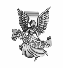 2-1/8 x 1-3/4 Inch Fine Pewter "Never Drive Faster Than Your Guardian" Angel Visor Clip