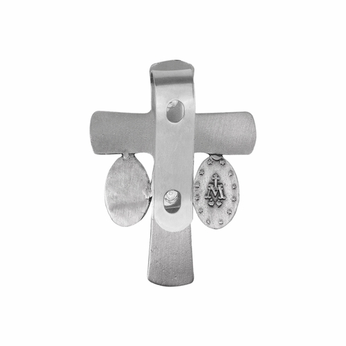 2-3/4 Inch Antiqued Fine Pewter Trinity Crucifix and Miraculous Visor Clip