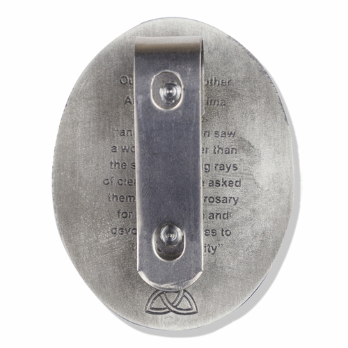 2-3/8 x 1-3/4 Inch Oval Fine Pewter Our Lady of Fatima Visor Clip