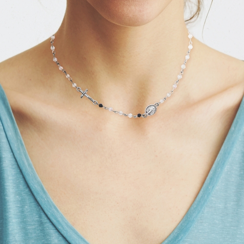 2.5mm Glass Crystal Beads Rosary Necklace with Cross and Miraculous Medal Charms