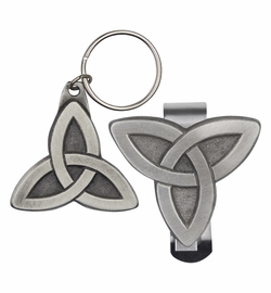 2 x 1-15/16 Inch Fine Pewter Celtic Knot Key Chain and 1-3/4 x 1-11/16 Inch Pewter Celtic Knot Visor Clip Set