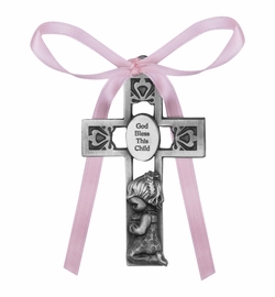 3-1/2 Inch Antiqued Pewter Baby Girl Pierced Cradle Cross