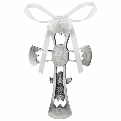 3-1/2 Inch Antiqued Pewter Guardian Angel Pierced Cradle Cross