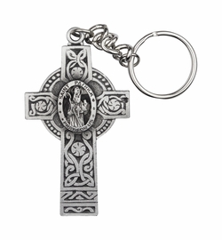3-1/8 x 1-11/16 Inch Fine Pewter Celtic Cross with St. Patrick, Patron Saint of the Irish Center Key Chain