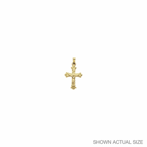3/4 Inch 14KT Gold Budded Ends with Carved Detailing Crucifix Pendant
