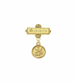 3/4 Inch 10KT Gold Filled Guardian Angel Medal with Godchild Engraving Baby Bar Pin