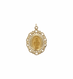 3/4 Inch 14KT Gold Oval with Polished Border Filigree Miraculous Medal