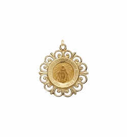 3/4 Inch 14KT Gold Round Polished Border Curled Filigree Miraculous Medal