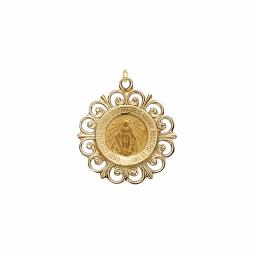 3/4 Inch 14KT Gold Round Polished Border Curled Filigree Miraculous Medal