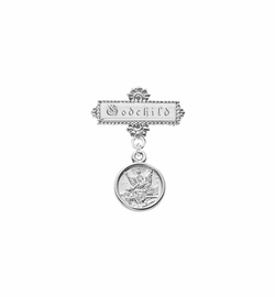 3/4 Inch Sterling Silver Guardian Angel Medal with Godchild Engraving Baby Bar Pin