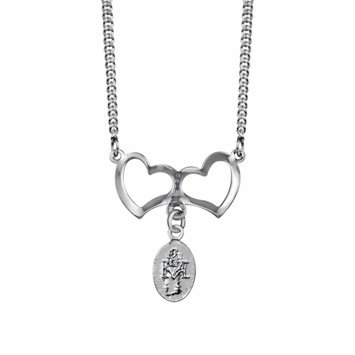 3/4 Inch Sterling Silver Hearts with Blue Hanging Miraculous Medal Necklace