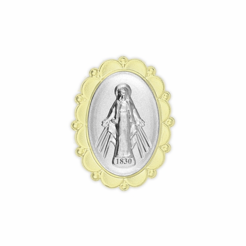 3/4 Inch Two-Toned Sterling Silver Miraculous Medal Pin With Spring Loaded Quality Clutch