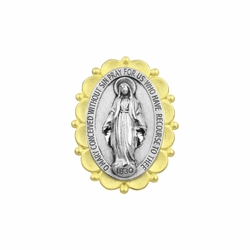 3/4 Inch Two-Toned Sterling Silver Miraculous Medal Pin With Spring Loaded Quality Clutch
