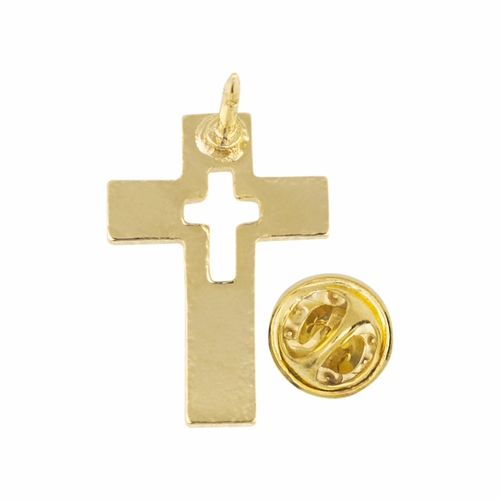 3/4 x 1/2 Inch Gold Pierced Cross on Cross Lapel Pin