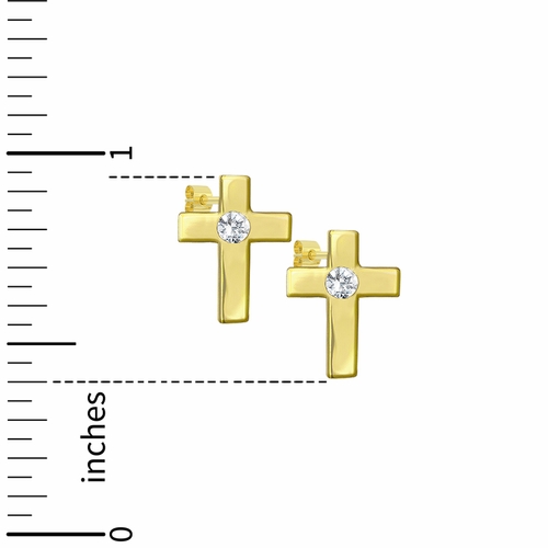 3/8 Inch 14K Gold Plated Over Sterling Silver Cross Earrings with Cubic Zirconia Stone Center