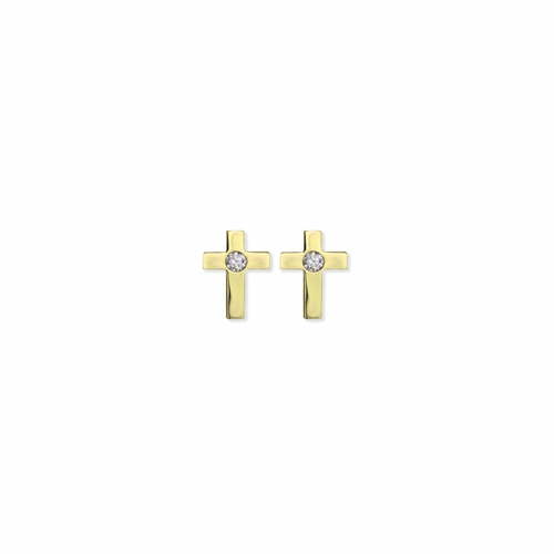 3/8 Inch 14K Gold Plated Over Sterling Silver Cross Earrings with Cubic Zirconia Stone Center