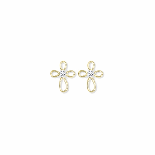 3/8 Inch 14K Gold Plated Over Sterling Silver Loop Cross Earrings with Cubic Zirconia Stone Center