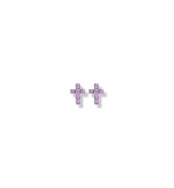 3/8 Inch Sterling Silver Cross Earrings with Amethyst CZ Stones
