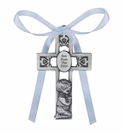 3 Inch Antiqued Pewter Baby Boy Pierced Cradle Cross