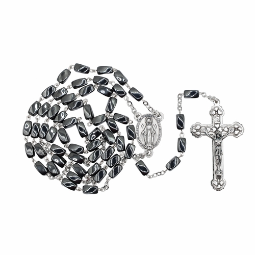 3mm Hematite Oval Faceted Beads Rosary with Crucifix and Miraculous Center