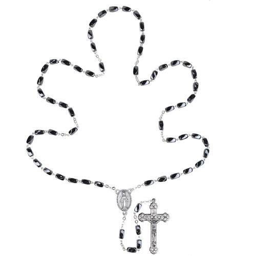 3mm Hematite Oval Faceted Beads Rosary with Crucifix and Miraculous Center