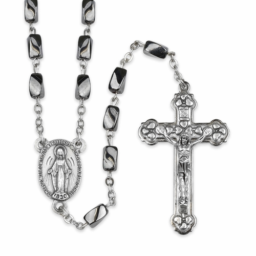 3mm Hematite Oval Faceted Beads Rosary with Crucifix and Miraculous Center