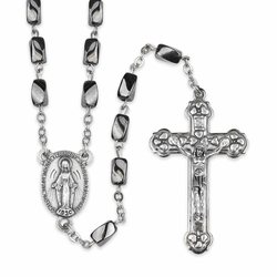 3mm Hematite Oval Faceted Beads Rosary with Crucifix and Miraculous Center