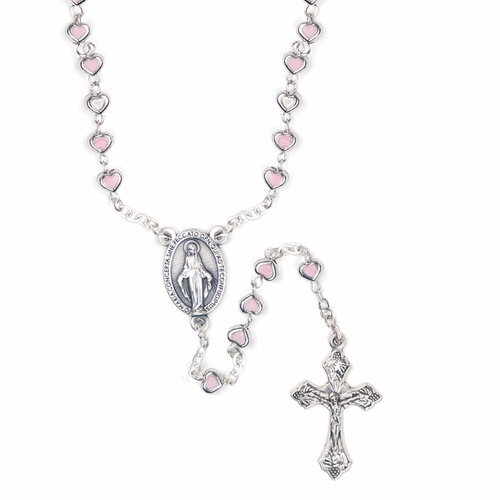 3mm Pink Heart Beads Rosary with Crucifix and Miraculous Center