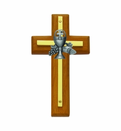 4-1/2 Inch Brass and Wood Wall Cross with Centered Pewter Chalice