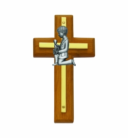 4-1/2 Inch Brass and Wood Wall Cross with Centered Pewter First Communion Boy