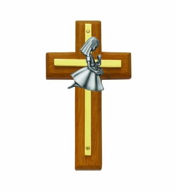 4-1/2 Inch Brass and Wood Wall Cross with Centered Pewter First Communion Girl