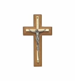 4-1/2 Inch Oak Wood and Brass Wall Crucifix with Antiqued Pewter Corpus