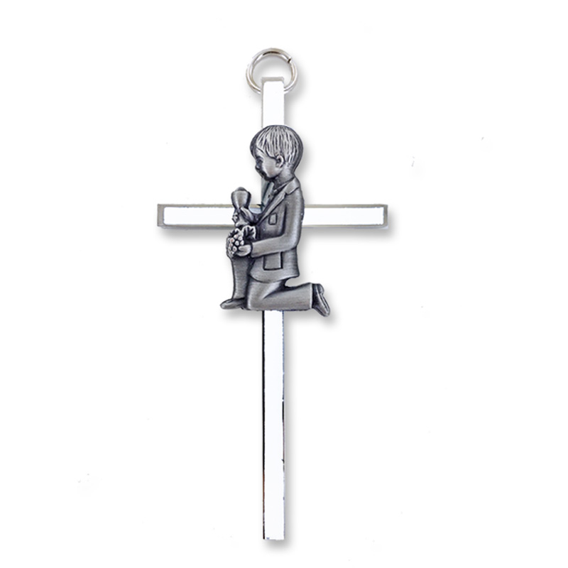 41/2 Inch Silver Plated Metal and Enameled Wall Cross with Centered