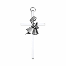 4-1/2 Inch Silver Enameled Wall Cross with Centered Kneeling First Communion Girl