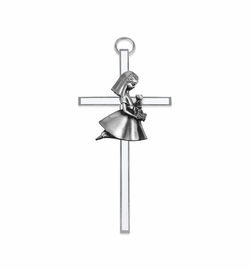 4-1/2 Inch Silver Enameled Wall Cross with Centered Kneeling First Communion Girl