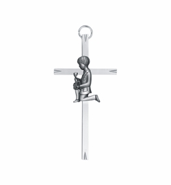 4-1/2 Inch Silver Plated Metal and Enameled Wall Cross with Centered Kneeling First Communion Boy