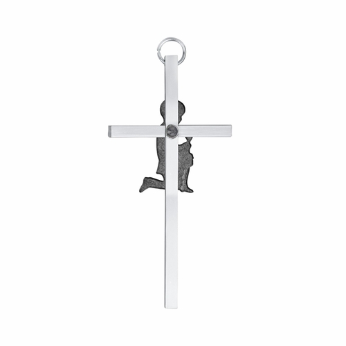 4-1/2 Inch Silver Plated Metal and Enameled Wall Cross with Centered Kneeling First Communion Boy