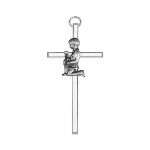 4-1/2 Inch Silver Plated Metal and Enameled Wall Cross with Centered Kneeling First Communion Boy