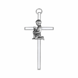 4-1/2 Inch Silver Plated Metal and Enameled Wall Cross with Centered Kneeling First Communion Boy
