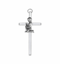 4-1/2 Inch Silver Plated Metal and Enameled Wall Cross with Centered Kneeling First Communion Boy