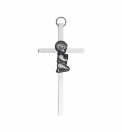 4-1/4 Inch Silver Plated Metal Wall Cross with Little Centered Praying Boy
