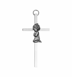 4-1/4 Inch Silver Plated Metal Wall Cross with Little Centered  Praying Girl