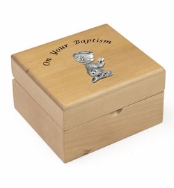 4-3/4 x 4-1/4 x 2-3/4 Inch Baby Boy Baptism Maple Wood Keepsake Box