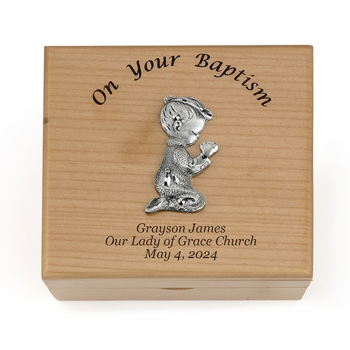 4-3/4 x 4-1/4 x 2-3/4 Inch Baby Boy Baptism Maple Wood Keepsake Box