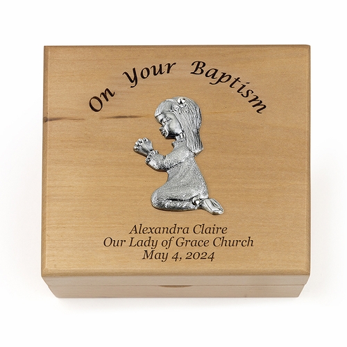 4-3/4 x 4-1/4 x 2-3/4 Inch Baby Girl Baptism Maple Wood Keepsake Box