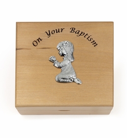 4-3/4 x 4-1/4 x 2-3/4 Inch Baby Girl Baptism Maple Wood Keepsake Box