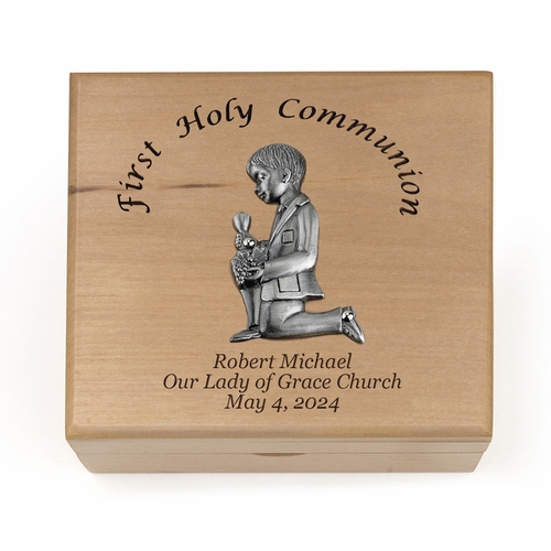 4-3/4 x 4-1/4 x 2-3/4 Inch Boy First Communion Maple Wood Keepsake Box
