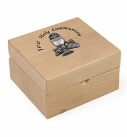 4-3/4 x 4-1/4 x 2-3/4 Inch First Holy Communion Maple Wood Keepsake Box
